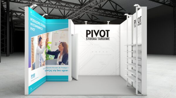Modułowe stoisko targowe PIVOT o wymiarach 4x3 m z zapleczem i półkami ekspozycyjnymi. Stoisko posiada elegancką, nowoczesną konstrukcję, białe ściany z grafiką promocyjną, półki na produkty oraz oświetlenie LED.