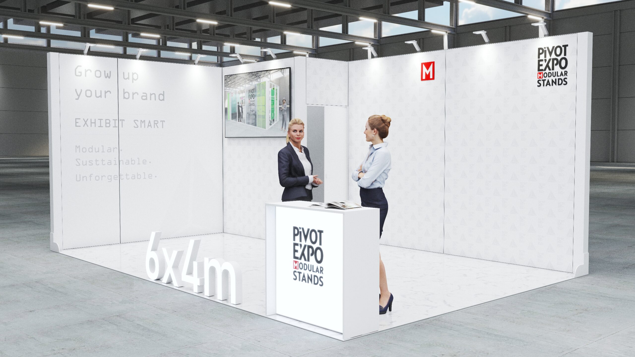 Nowoczesne stoisko targowe modułowe typu narożnego o wymiarach 4×6 m z zapleczem, jasną ladą recepcyjną i podświetlanymi ścianami. W tle ekran multimedialny i przestrzeń do rozmów z klientami.