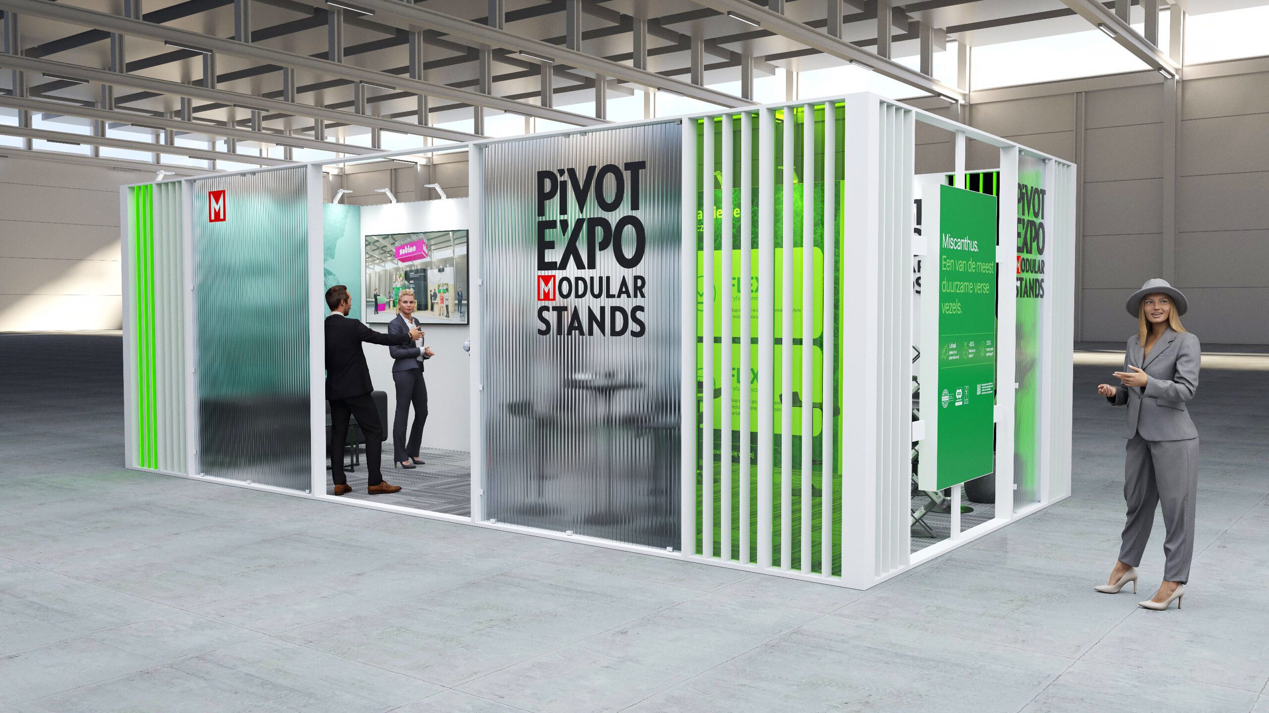 Nowoczesne stoisko targowe Pivot Expo z mlecznymi przegrodami, zielonymi akcentami i białą konstrukcją