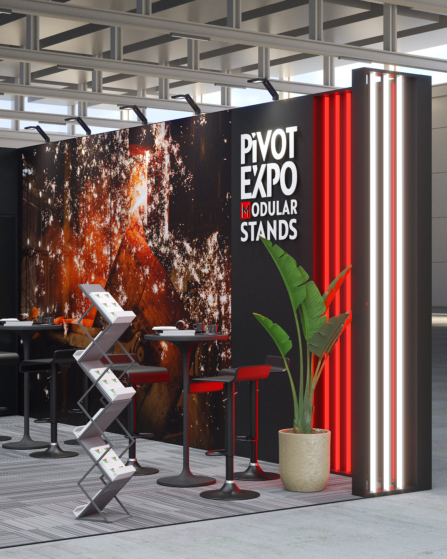 Detal boczny stoiska LED z logotypem Pivot Expo, czerwono-białymi podświetleniami i grafiką przemysłową