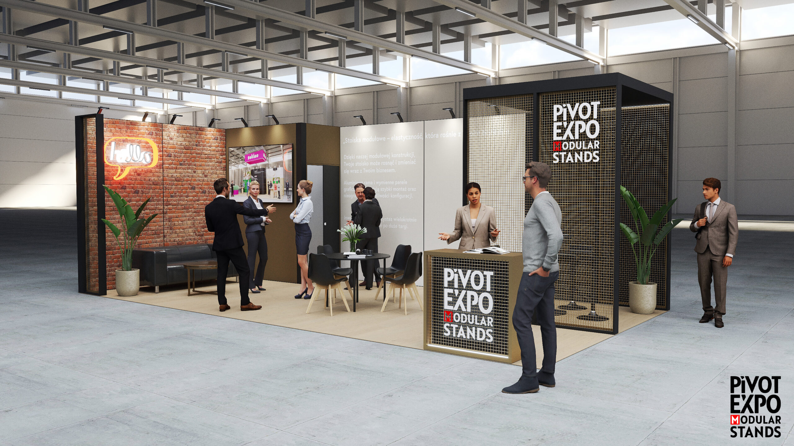 Nowoczesne stoisko targowe w stylu loftowym od Pivot Expo z neonem, eleganckim umeblowaniem i drewnianymi akcentami