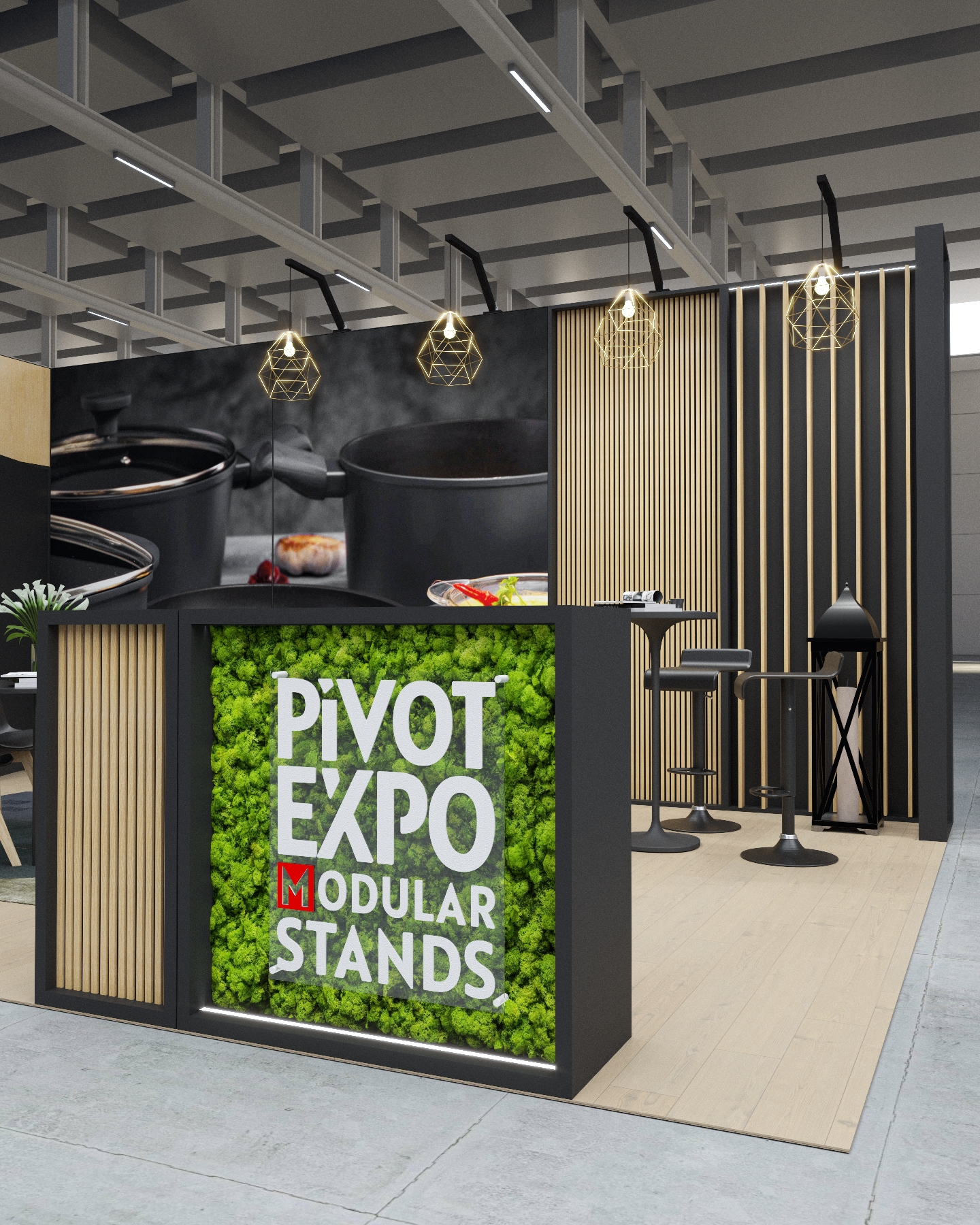 Lada stoiska targowego MOSS z podświetlanym logo Pivot Expo i zieloną ścianą z mchu