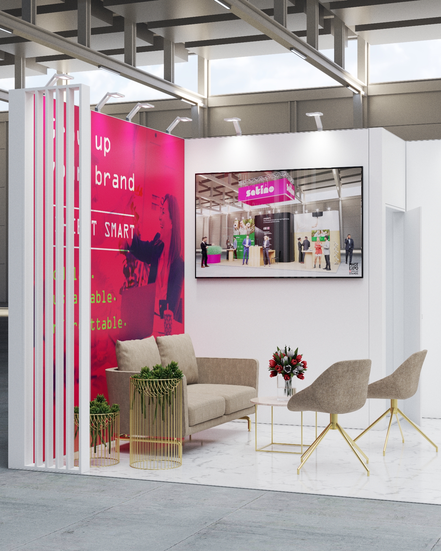 Modułowe stoisko targowe z elegancką strefą wypoczynkową w stylu premium