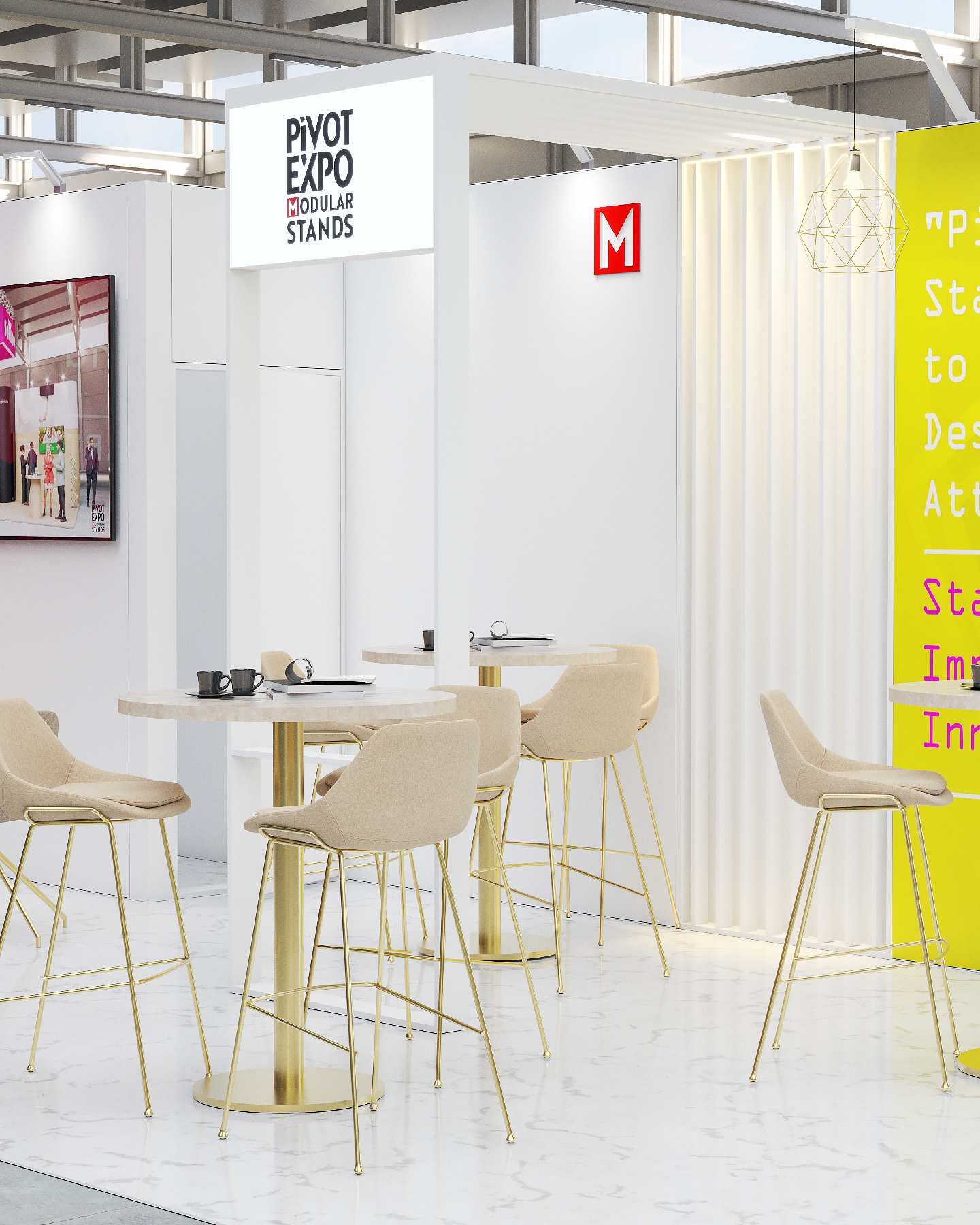 Modułowe stoisko targowe z jasnym wnętrzem i eleganckimi meblami w stylu premium
