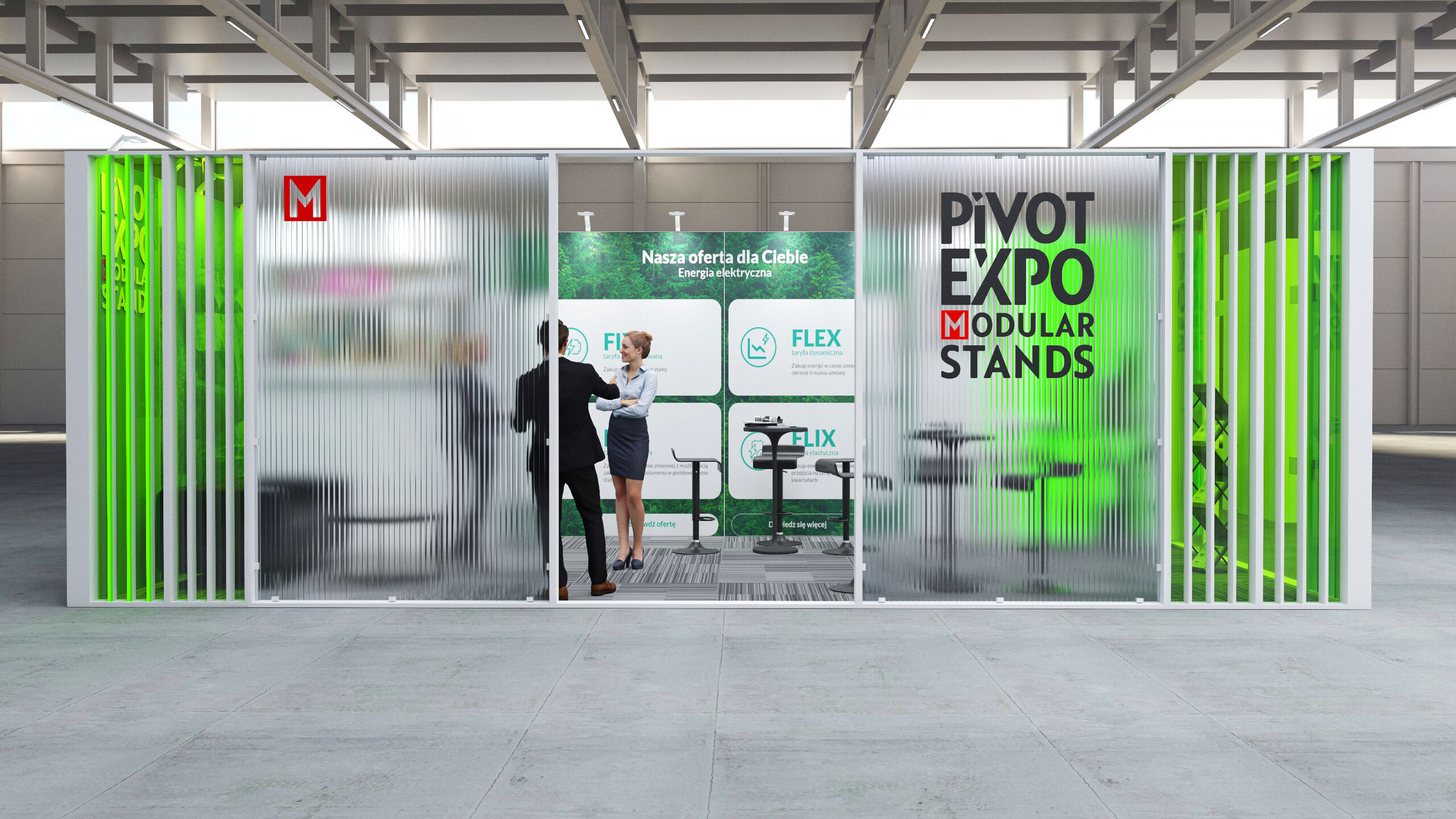 Stoisko AREA z mlecznymi przegrodami, zielonymi lamelami i brandingiem Pivot Expo na przezroczystym panelu