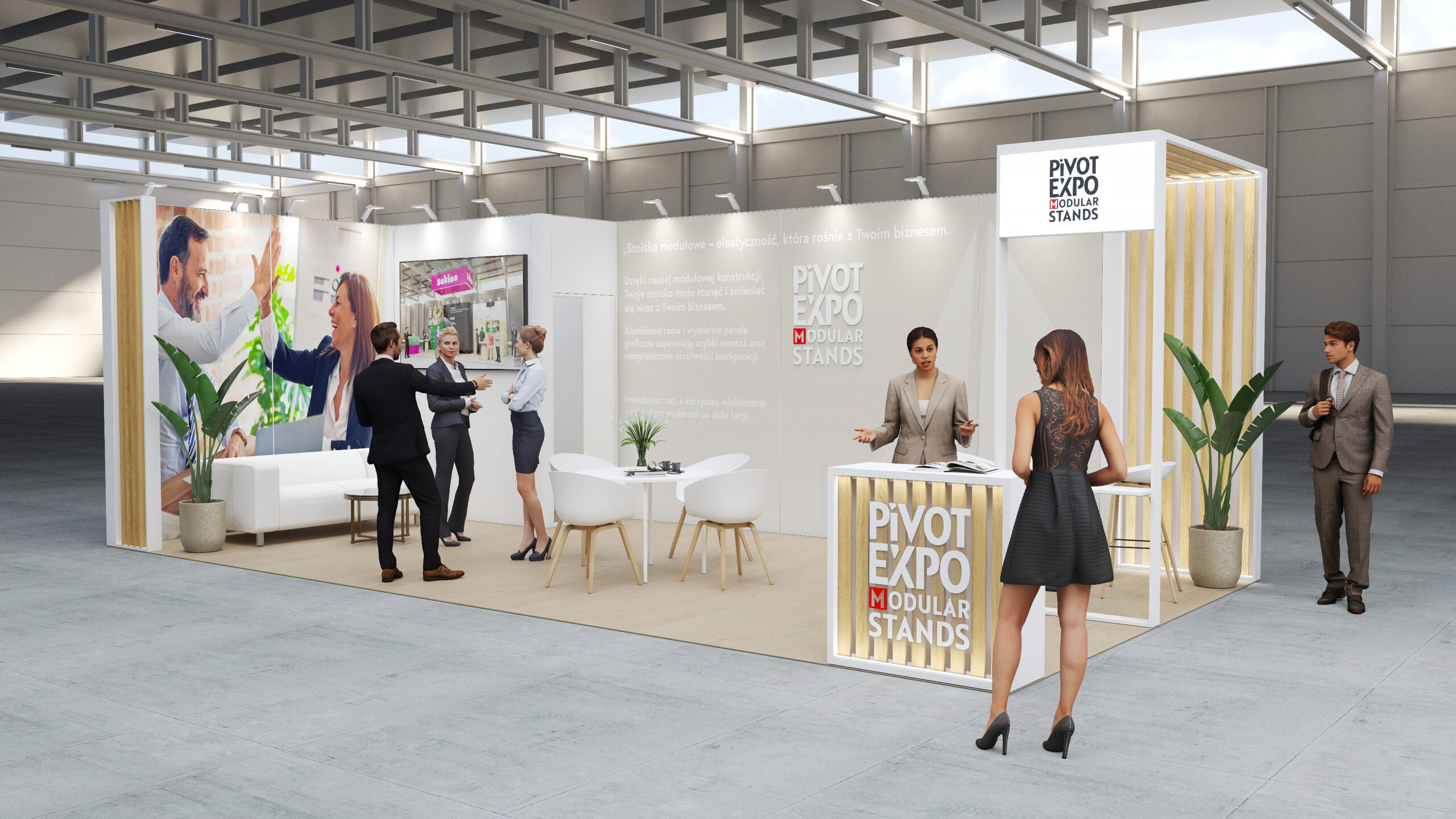 Front stoiska targowego Natural Ekoline z podświetlanym logo Pivot Expo i jasnym, nowoczesnym designem