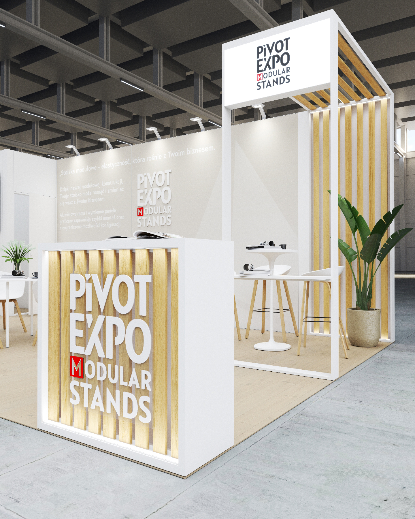 Stoisko targowe Natural Ekoline w jasnych barwach z białymi meblami, grafikami i elementami drewna