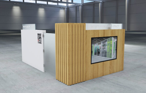 Wyspa handlowa typu office marki Pivot – widok z perspektywy użytkownika. Front wykonany z jasnego drewna z podświetleniem LED oraz logo „Pivot Expo Modular Stands”. Po lewej stronie widoczna wbudowana witryna ekspozycyjna. Białe panele boczne z mlecznymi przesłonami i miejscami pracy wewnątrz. Nowoczesne i funkcjonalne stanowisko do obsługi klienta w przestrzeni handlowej.