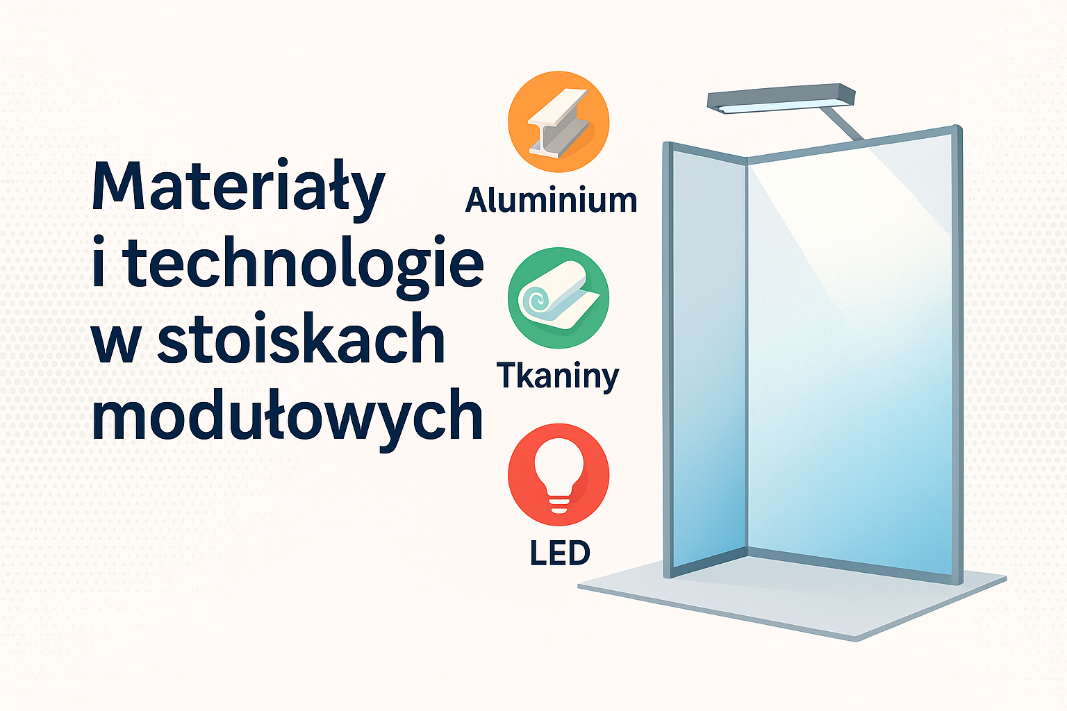 Dowiedz się, jakie materiały i technologie stosować w stoiskach modułowych — aluminium, tkaniny, oświetlenie LED — by Twoje stoisko było lekkie, solidne i efektowne.