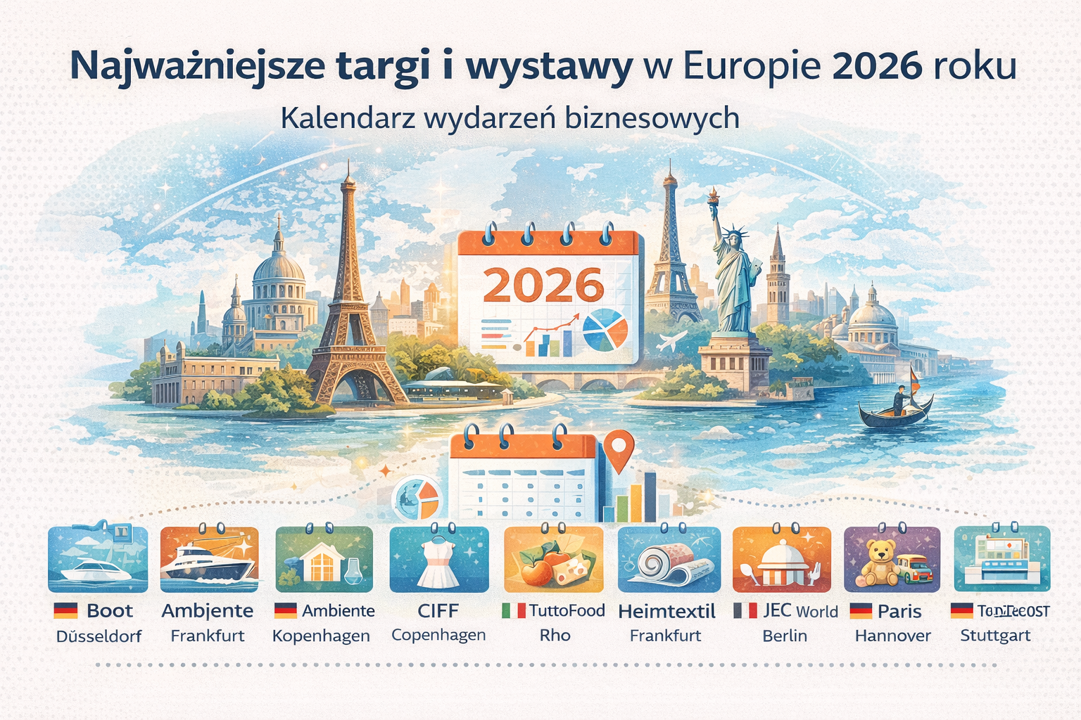 Infografika „Najważniejsze targi i wystawy w Europie 2026 roku” z mapą, kalendarzem oraz listą wydarzeń w Düsseldorfie, Frankfurcie, Kopenhadze, Rho, Berlinie, Hanowerze i Stuttgarcie.